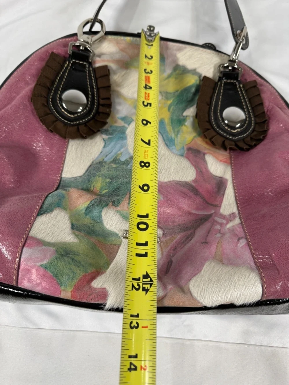 Pulicati Italy Floral Haircalf Leather Satchel Designer Pink Purse
